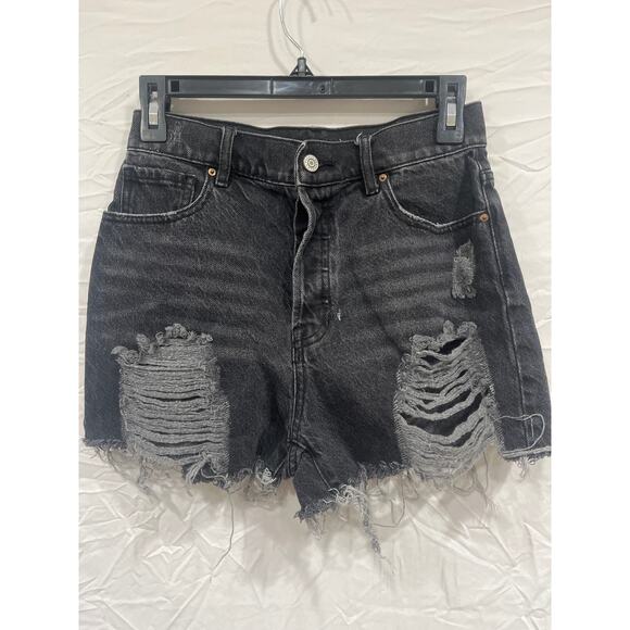 Pac Sun High Rise Icon Short Hyper Distressed Shorts 26 Button Fly Black Vintage - Picture 1 of 7